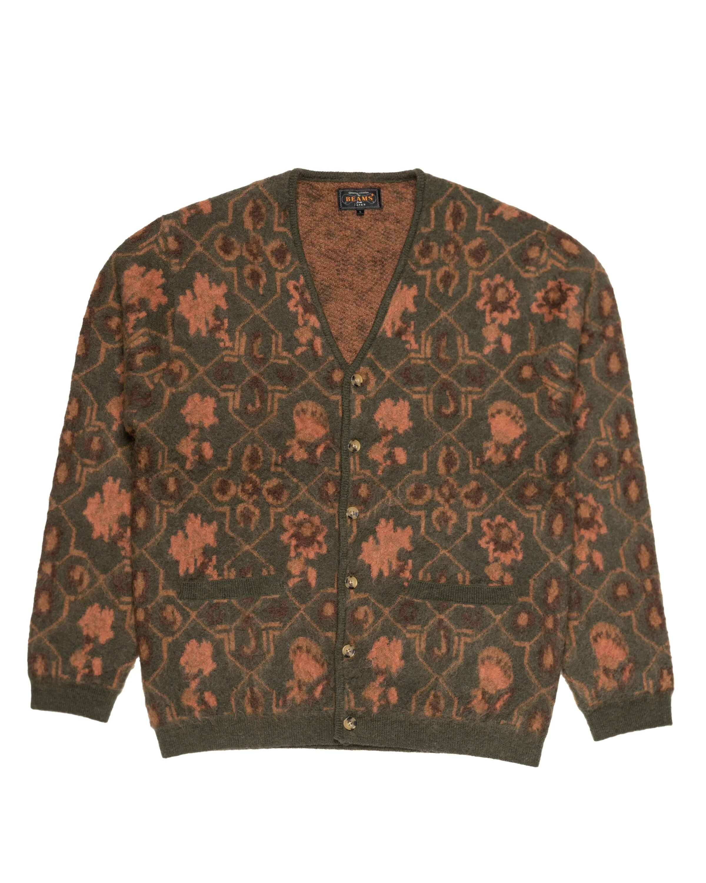 Beams+ Cardigan Botanical Pattern Jacquard