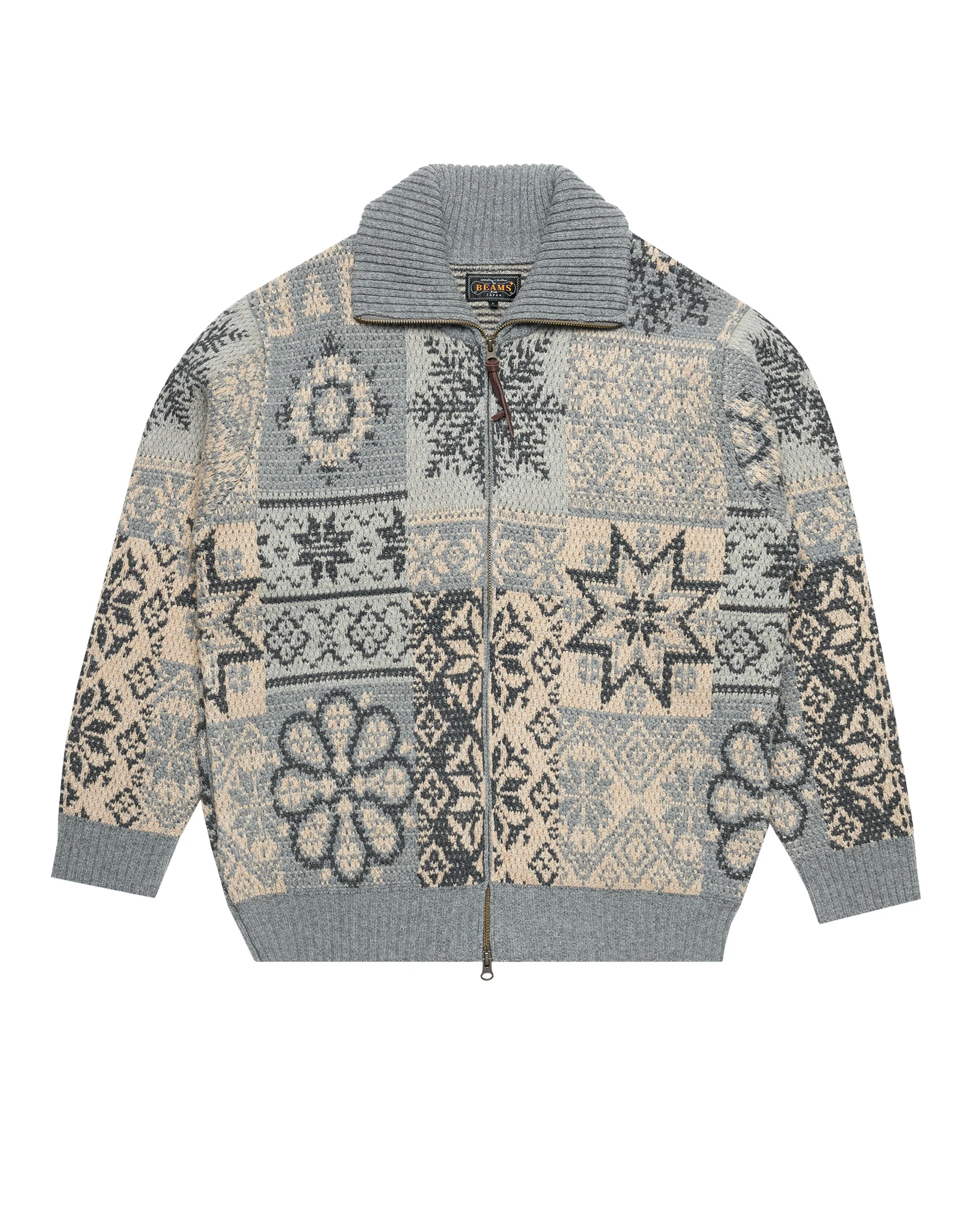 Beams+ Zip Cardigan Double Jacquard Patchwork Like Patter
